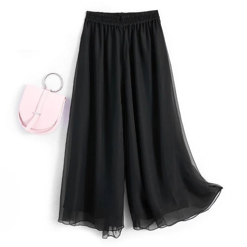 2025 Summer New Casual White Drapey Chiffon Wide-Leg Pants for Women, Loose Plus-Size High-Waisted Slimming Long Pants Skirt for Women Black - Image 1