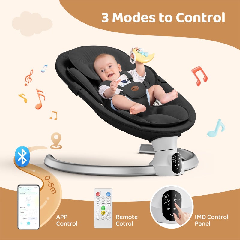 Smelluck Baby Swings for Infants - Exclusive App & Bluetooth Function, Electric Baby Swing with 5 Point Harness & 5 Sway Speeds, 10 Preset Lullabies, Portable Infant Swing for Indoor/Outdoor (Black) - Image 3