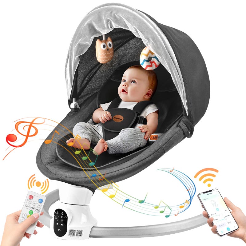 Smelluck Baby Swings for Infants - Exclusive App & Bluetooth Function, Electric Baby Swing with 5 Point Harness & 5 Sway Speeds, 10 Preset Lullabies, Portable Infant Swing for Indoor/Outdoor (Black) - Image 1