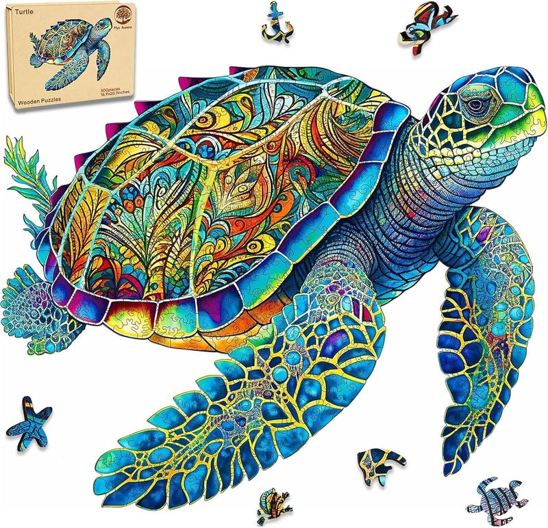 Mys Aurora Unique Wooden Jigsaw Puzzles - Ocean Turtle, 500 Pcs Royal Size 16.9" x 20.7", Animal Shaped Wood Puzzle, Beautiful Package, Best Gift for Adults and Kids, Family Game - Image 1