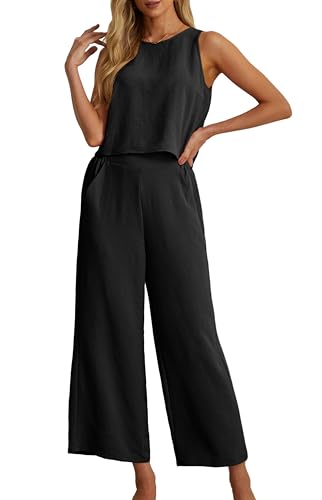 IWOLLENCE Women's Summer 2 Piece Outfits Set Round neck Sleeveless Tank Crop Top Wide Leg pants Set Pockets Jumpsuits Black Medium - Image 1