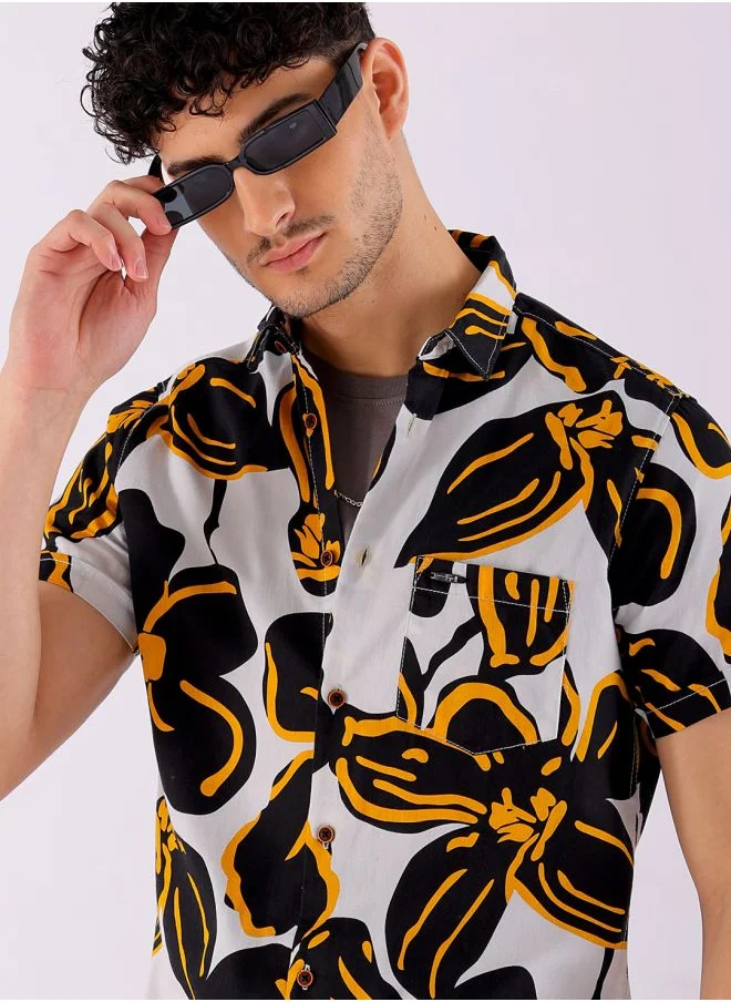 شركة المرآب الهندية Men Slim Fit Floral Printed Half Sleeves Spread Collar Resort Wear Shirt