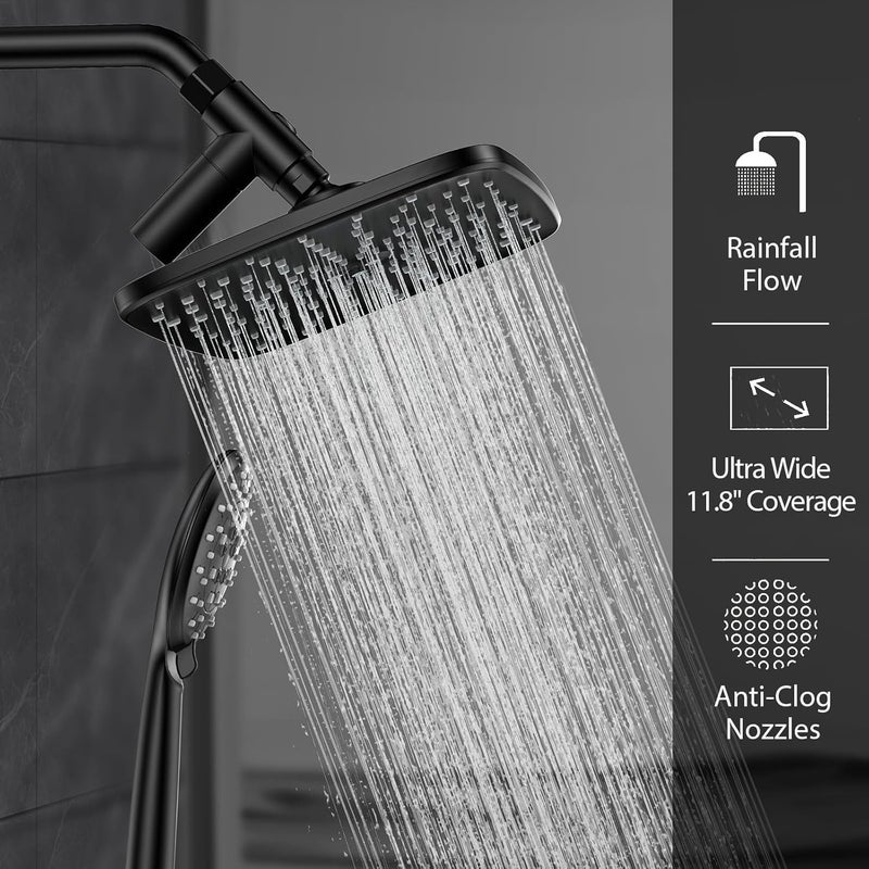 Veken 11.8 Inch Rectangle Rain Shower Head - Shower Heads with 6 Modes Handheld Spray Combo - Wide Rainfall shower with 70" Hose - 1.8gpm Dual Showerhead with Anti-Clog Nozzles - Matte Black - Image 3