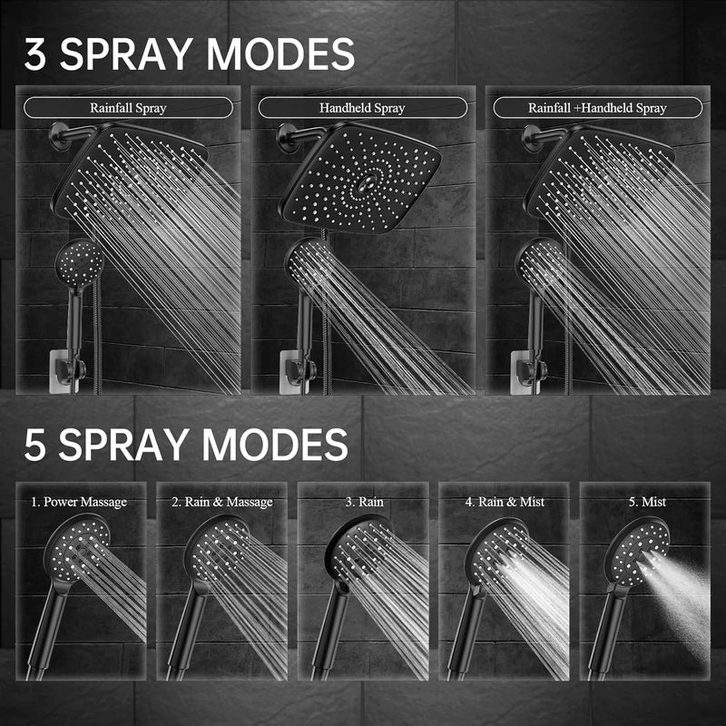 Veken 11.8 Inch Rectangle Rain Shower Head - Shower Heads with 6 Modes Handheld Spray Combo - Wide Rainfall shower with 70" Hose - 1.8gpm Dual Showerhead with Anti-Clog Nozzles - Matte Black - Image 4