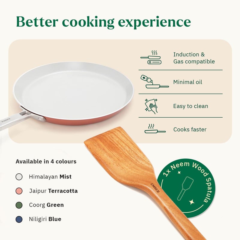 Ember Cookware Arcilla Ceramic Non Stick Tawa 28cm | Non Toxic Roti & Chapati Pan | ISI Certified | Ceramic Cooking Tawa | 1x Spatula | Steel Handle | PFAS & PTFE Free | Induction Safe | Terracotta - Image 3
