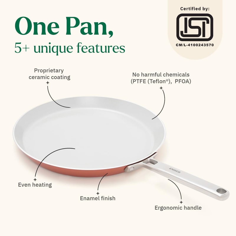 Ember Cookware Arcilla Ceramic Non Stick Tawa 28cm | Non Toxic Roti & Chapati Pan | ISI Certified | Ceramic Cooking Tawa | 1x Spatula | Steel Handle | PFAS & PTFE Free | Induction Safe | Terracotta - Image 2