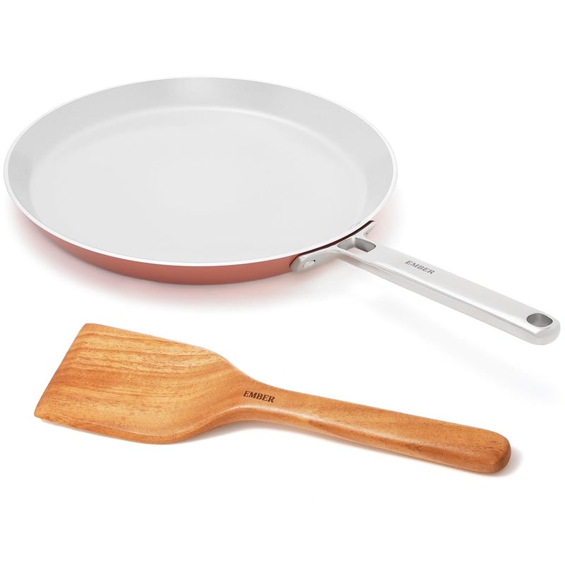 Ember Cookware Arcilla Ceramic Non Stick Tawa 28cm | Non Toxic Roti & Chapati Pan | ISI Certified | Ceramic Cooking Tawa | 1x Spatula | Steel Handle | PFAS & PTFE Free | Induction Safe | Terracotta - Image 1