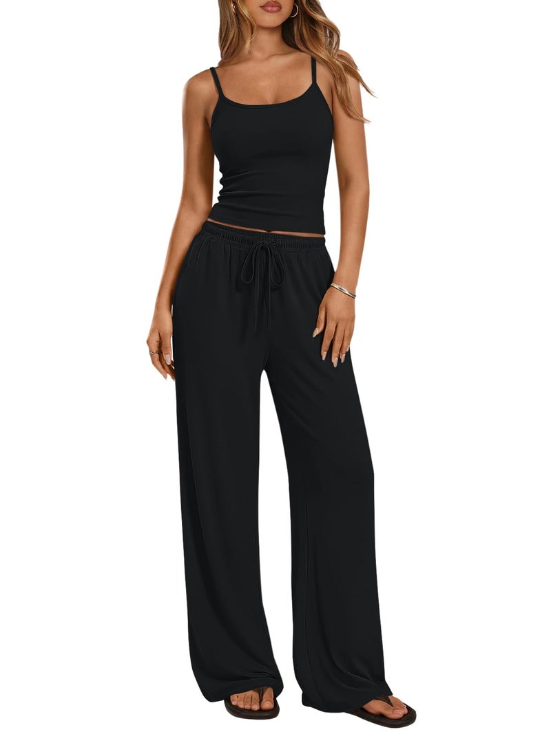 Trendy Queen Womens 2 Piece Lounge Sets Spring Outfits Matching Airport Camisole Tops Wide Leg Pants Summer Fashion Tracksuits 2026 Black S - Image 1