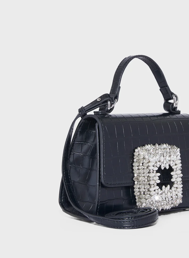 Ella Limited Edition Rhinestone Trim Croc Print Satchel Bag