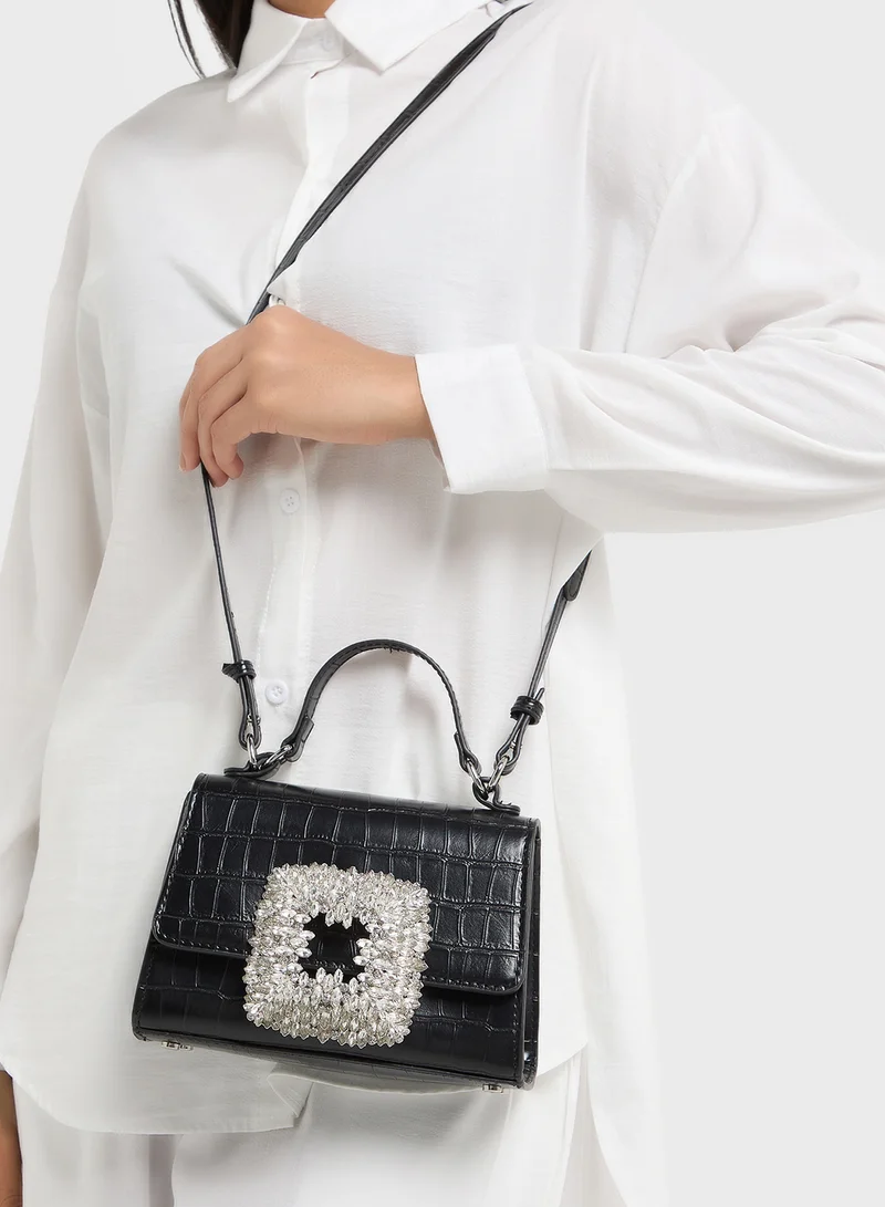 Ella Limited Edition Rhinestone Trim Croc Print Satchel Bag
