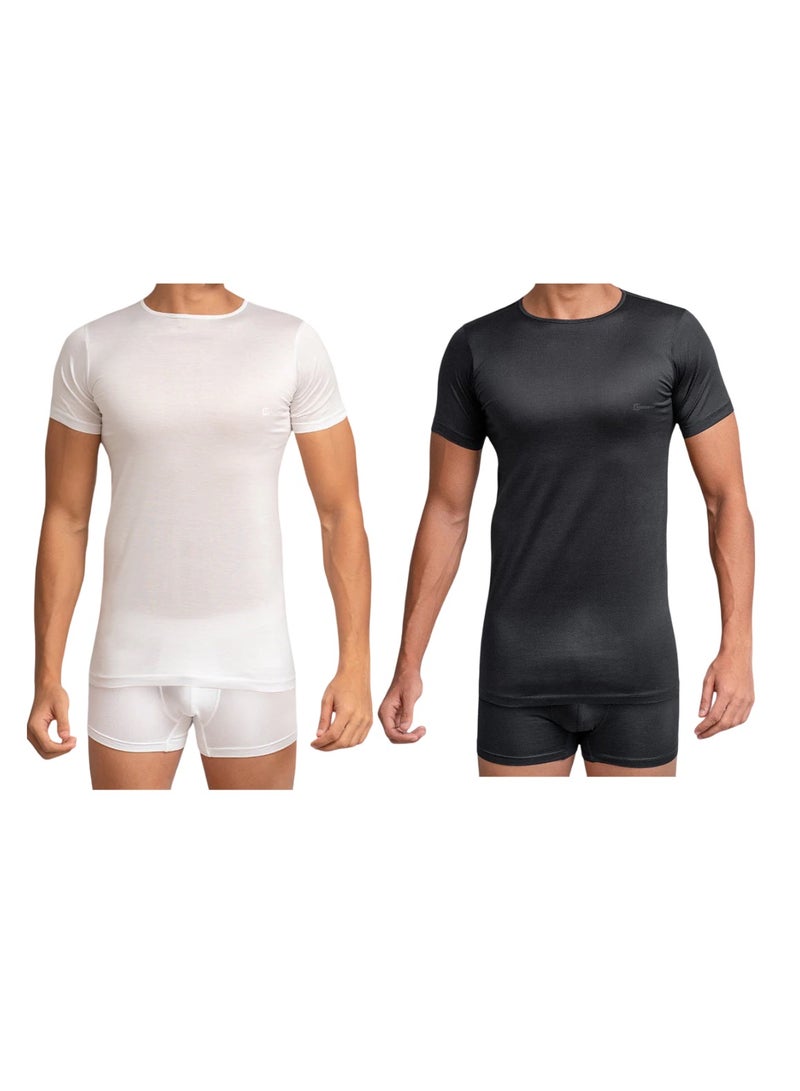 كوتونيل ميرسيريزيه® تيشيرت نص كم رقبة دائرية عرض ٢ قطعة (اسود و ابيض) - Image 1