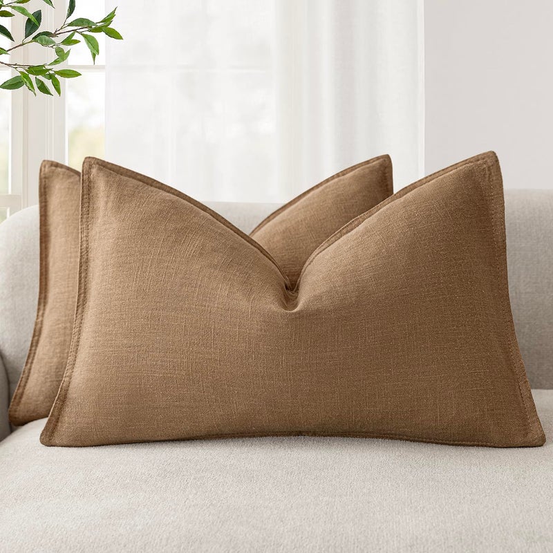 Foindtower Pack of 2 Decorative Linen Soild Throw Pillow Covers Soft Accent Lumbar Cushion Case Boho Farmhouse Pillowcase for Chair Couch Sofa Bedroom Living Room Home Decor 12 x 20 Inch Khaki Brown