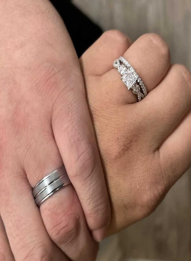 نيو شي جولري طقم خواتم زفاف من نيوشي للمجوهرات، مرصع بالزركونيا المكعبة، مصنوع من التنجستن والفضة الإسترليني عيار 925، مقاس 10 و8. - Image 3