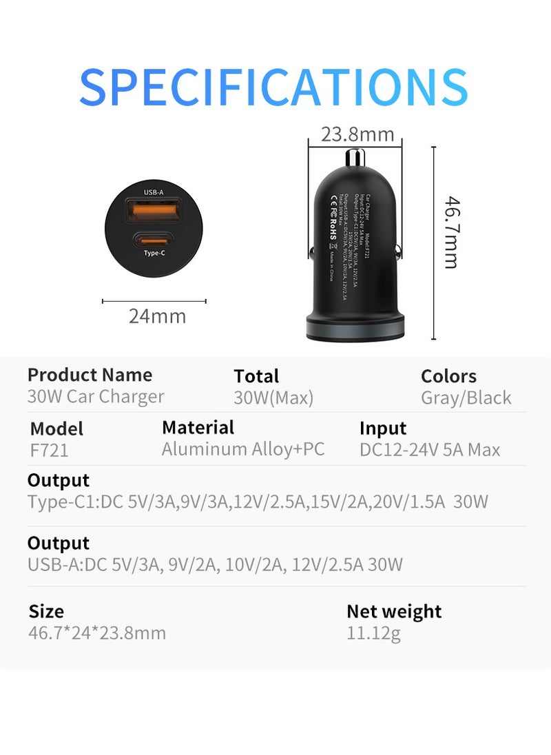برو واحد - شاحن سيارة ProOne 30W مزدوج USB - محول قابس سيارة سريع الشحن مع النوع C - متوافق مع iiPhonee15 Pro Max/15 Pro/15/14/13 Pro Max/12/11، ii Pad Pro/mini 6، Samsung S23/S22، Huawei ماتي20 - Image 1