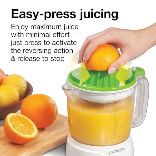 Proctor Silex Electric Citrus Juicer Machine, Large 34 oz. Pitcher, Pressure Activated, 2 Reamers for Big and Small Fruit, Pulp Control, for Orange, Lemon, Grapefruit Juice, White & Green (66340) - Image 3
