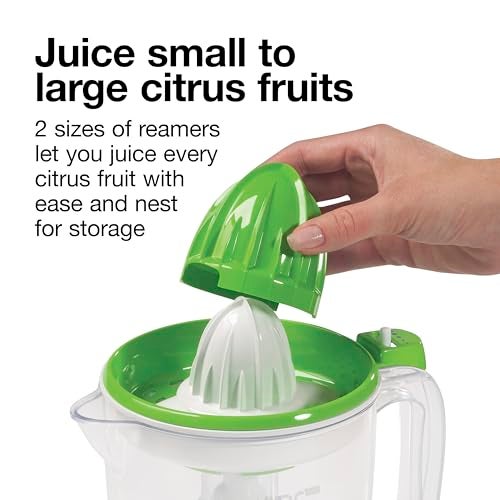 Proctor Silex Electric Citrus Juicer Machine, Large 34 oz. Pitcher, Pressure Activated, 2 Reamers for Big and Small Fruit, Pulp Control, for Orange, Lemon, Grapefruit Juice, White & Green (66340) - Image 4