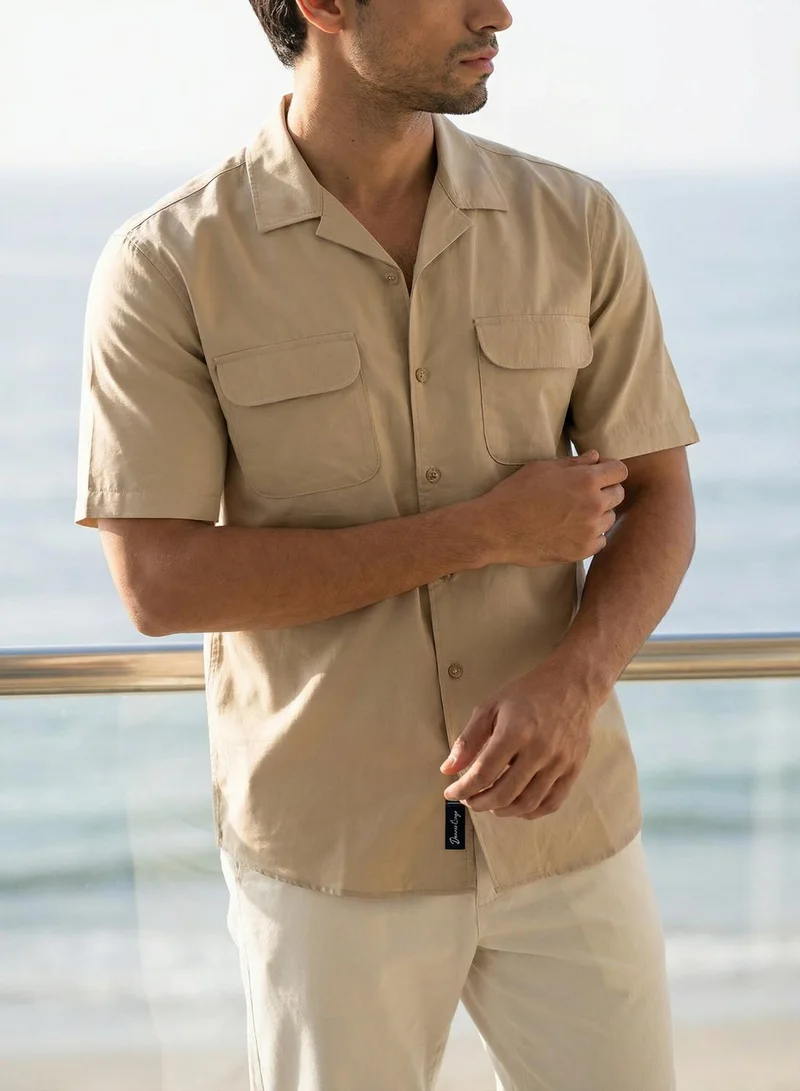 دينيس لينغو Men Oatmeal Cotton Solid Print Button Down Boxy Shirt