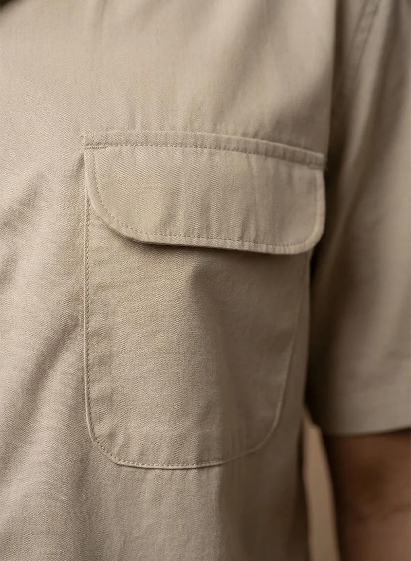دينيس لينغو Men Oatmeal Cotton Solid Print Button Down Boxy Shirt