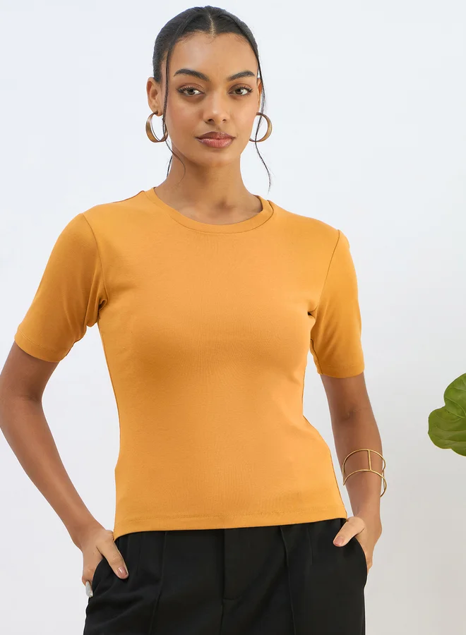 SASSAFRAS Sassafras Mustard Ribbed Short Sleeves Top