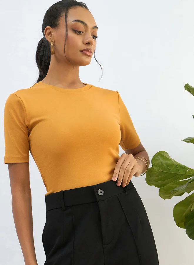SASSAFRAS Sassafras Mustard Ribbed Short Sleeves Top