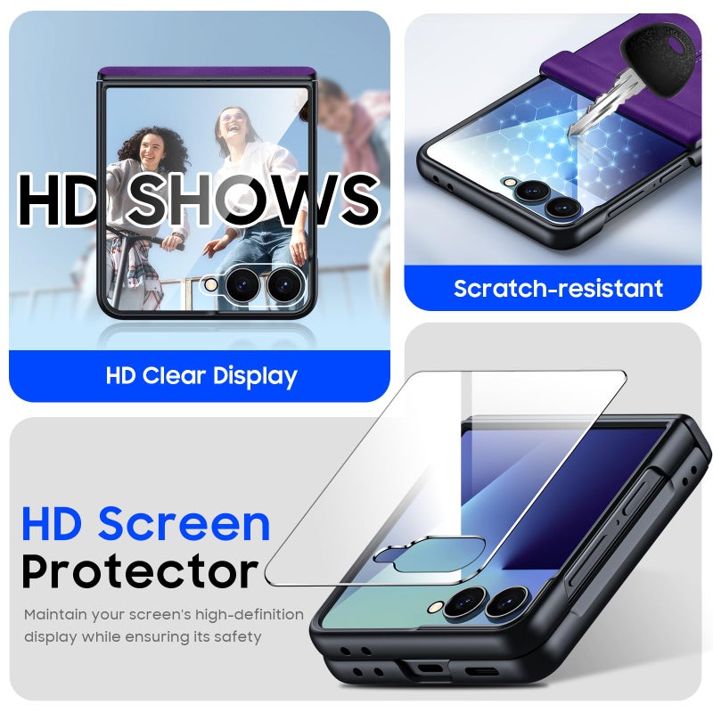 BSNRM for Samsung Galaxy Z Flip 7 Case with Hinge Protection & Built-in Screen Protector, Ultra Thin Stylish Leather Matte PC Durable Shockproof Cover Phone Case for Galaxy Z Flip 7-Purple - Image 4