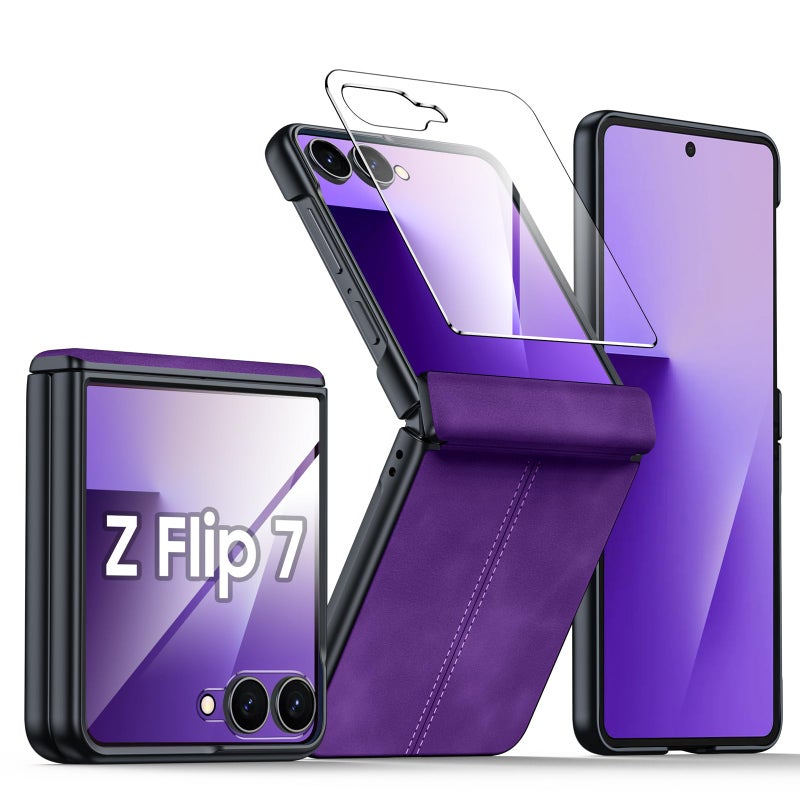 BSNRM for Samsung Galaxy Z Flip 7 Case with Hinge Protection & Built-in Screen Protector, Ultra Thin Stylish Leather Matte PC Durable Shockproof Cover Phone Case for Galaxy Z Flip 7-Purple - Image 1