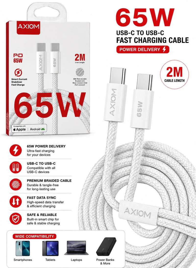 Axiom 65W USB-C to USB-C Fast Charging Cable 2 Meter, Braided Type-C PD Charging Cable with High-Speed Data Sync, Durable Nylon Cable for Smartphones, Tablets, Laptops & USB-C Devices - Image 1