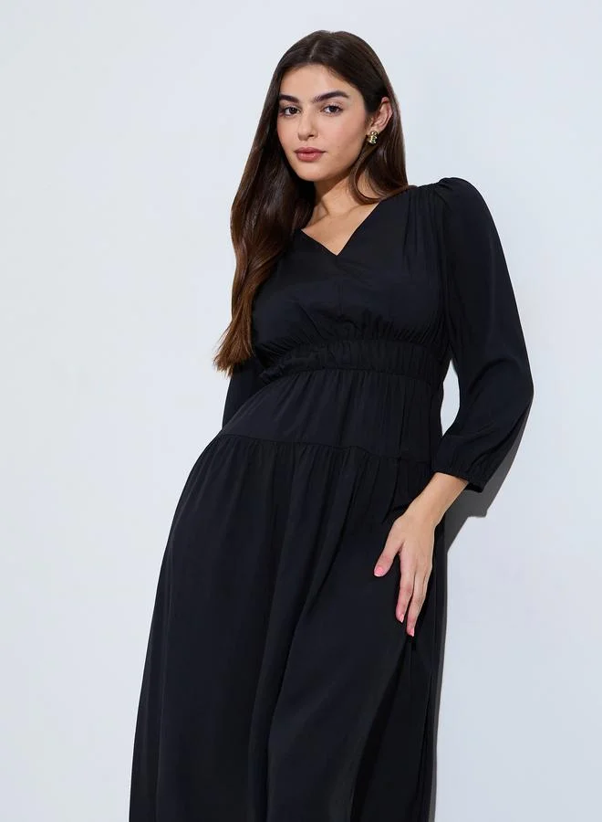 Styli Black V Neck Casual Midi Dress