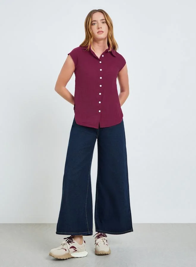 Take Two Burgundy Crinkled Cap Sleeves Cotton Shirt