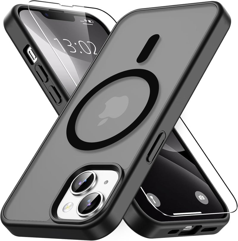 حافظة مغناطيسية لـ iPhone 13 / iPhone 14 مع زجاج واقي واحد، متوافقة مع Magsafe، حماية من السقوط وفق المعايير العسكرية، ظهر غير لامع شفاف، حافظة هاتف مقاومة للصدمات، أسود - Image 1