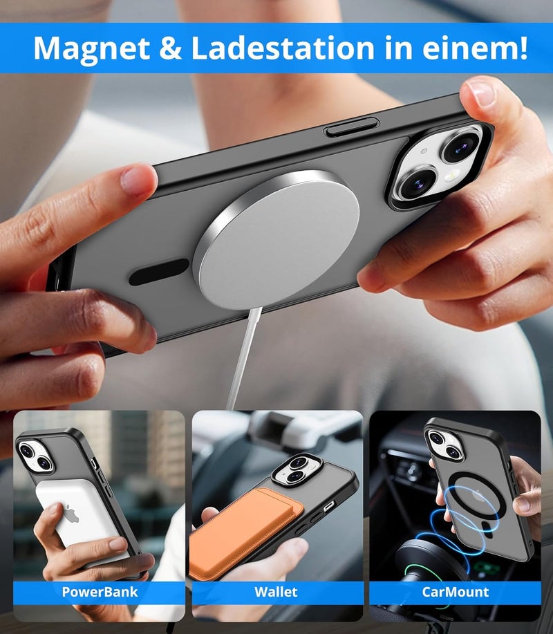 حافظة مغناطيسية لـ iPhone 13 / iPhone 14 مع زجاج واقي واحد، متوافقة مع Magsafe، حماية من السقوط وفق المعايير العسكرية، ظهر غير لامع شفاف، حافظة هاتف مقاومة للصدمات، أسود - Image 3