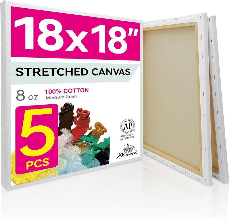 Phoenix Large Stretched Canvas for Painting 18x18 Inch/5 Value Pack, 8 Oz Triple Primed 5/8 Inch Profile 100% Cotton White Blank Canvas, Square Framed Canvas for Oil Acrylic & Pouring Art - Image 1