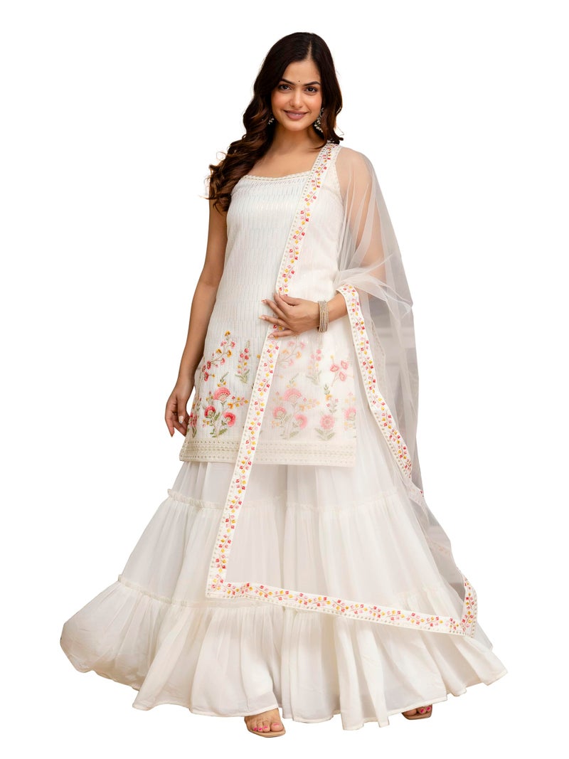 TRENDMALLS Women's Georgette Embroidery Sequence Work Kurta Sharara Set with Dupatta (G320-White-3XL) - Image 1