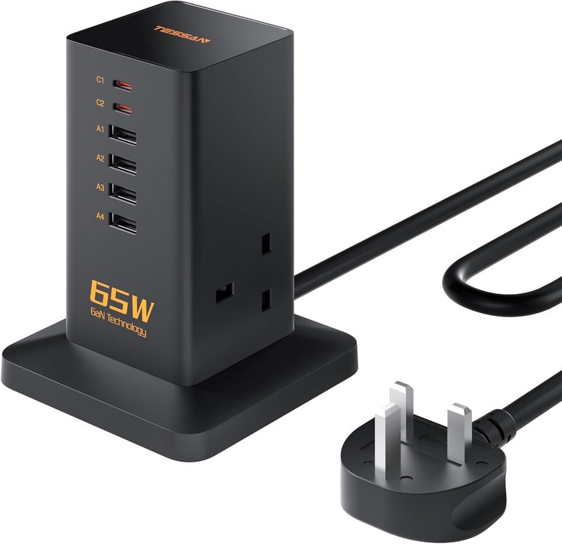 تيسان شاحن TESSAN USB C بقوة 65 واط، محول شحن سريع من نوع GaN بست منافذ مع منفذي طاقة AC، شاحن متعدد المنافذ من نوع USB C، محطة شحن مكتبية مع سلك توصيل بريطاني بطول 2 متر للحاسوب المحمول والجهاز اللوحي والهاتف الذكي - Image 1