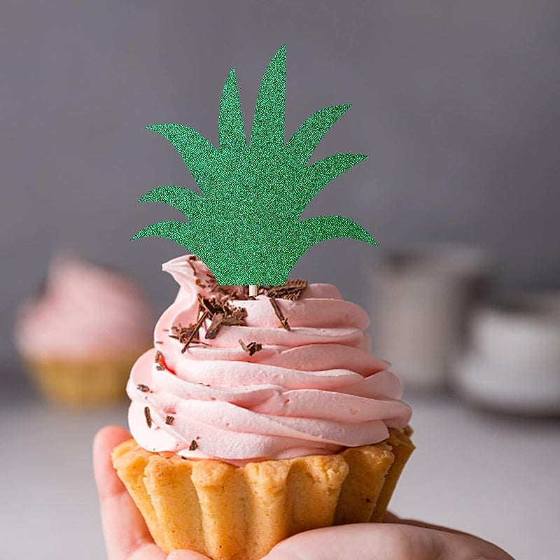 Confetti! Pineapple Leaf Cupcake Topper - 36 Pack Green Glitter Pineapple Leaves Cupcake Picks for Summer Tropical Theme Luau Party Hawaiian Wedding Baby Shower Birthday Party Cake Decoration Supplies - Image 5