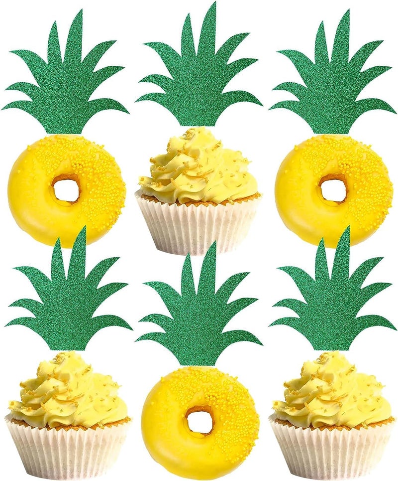 Confetti! Pineapple Leaf Cupcake Topper - 36 Pack Green Glitter Pineapple Leaves Cupcake Picks for Summer Tropical Theme Luau Party Hawaiian Wedding Baby Shower Birthday Party Cake Decoration Supplies - Image 1