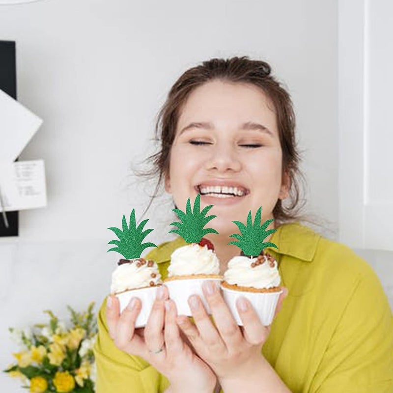Confetti! Pineapple Leaf Cupcake Topper - 36 Pack Green Glitter Pineapple Leaves Cupcake Picks for Summer Tropical Theme Luau Party Hawaiian Wedding Baby Shower Birthday Party Cake Decoration Supplies - Image 2