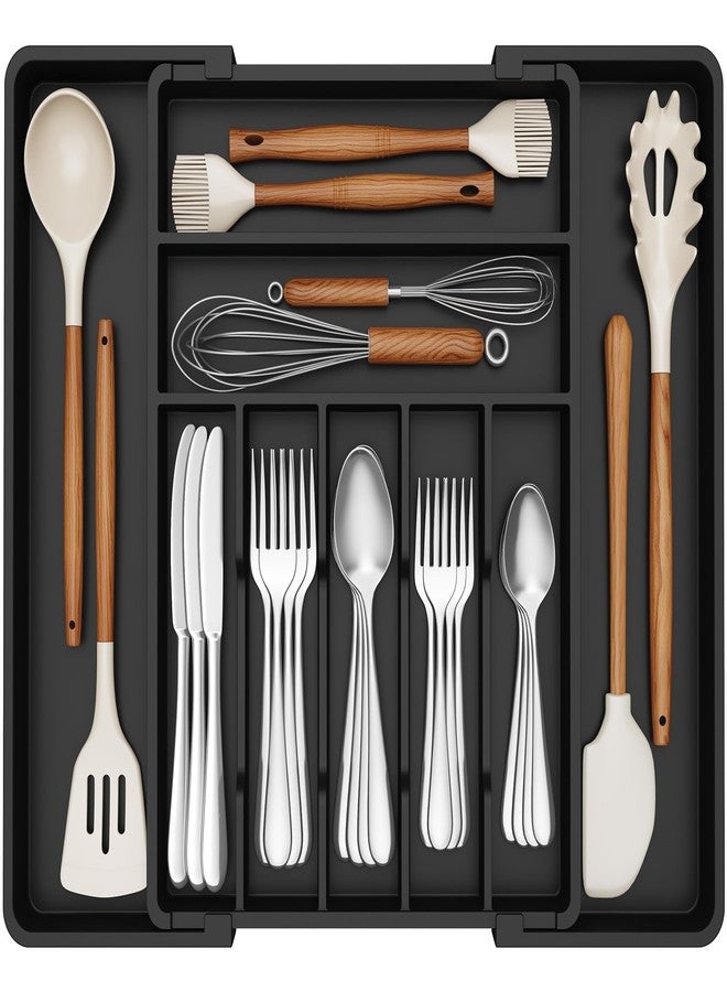 Lifewit Expandable Silverware Drawer Organizer, 16.7 inches Deep Adjustable Utensil Cutlery Tray for kitchen, Plastic Flatware Spoon Fork Knives Holder Storage Divider, 7 Compartment, 1 Pack, Black - Image 1