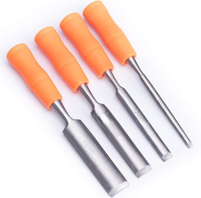 4 Piece Wood Chisel Set Cr V Steel Woodworking Carving Tools Soft Grip Handles - Image 1