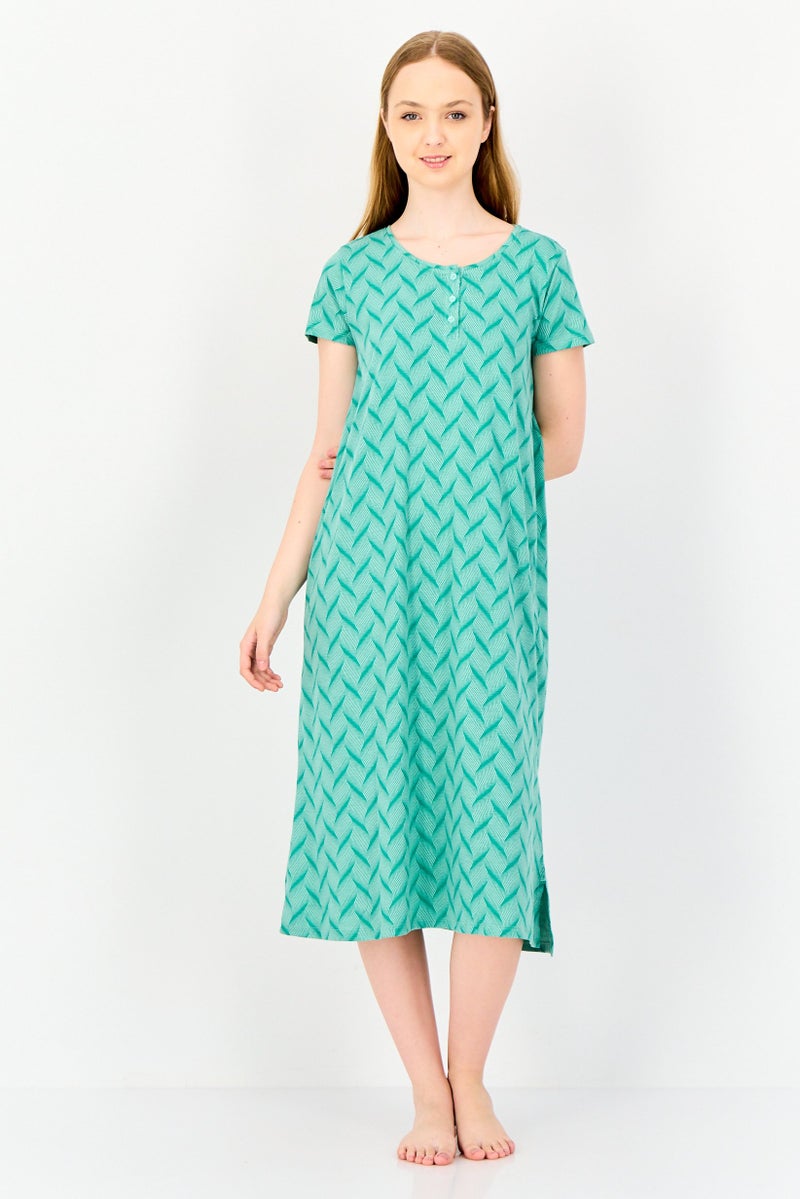 zivame Rosaline By Zivame Women Abstract Print Short Sleeves Sleep Dress, Green - Image 1