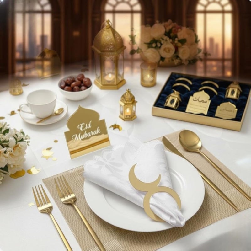 حلقات مناديل مزخرفة احتفالية - زينة طاولة جميلة مطلية بالذهب على شكل هلال تخلق جواً احتفالياً في المناسبات الخاصة مع الحفاظ عليها للاستخدام اليومي.