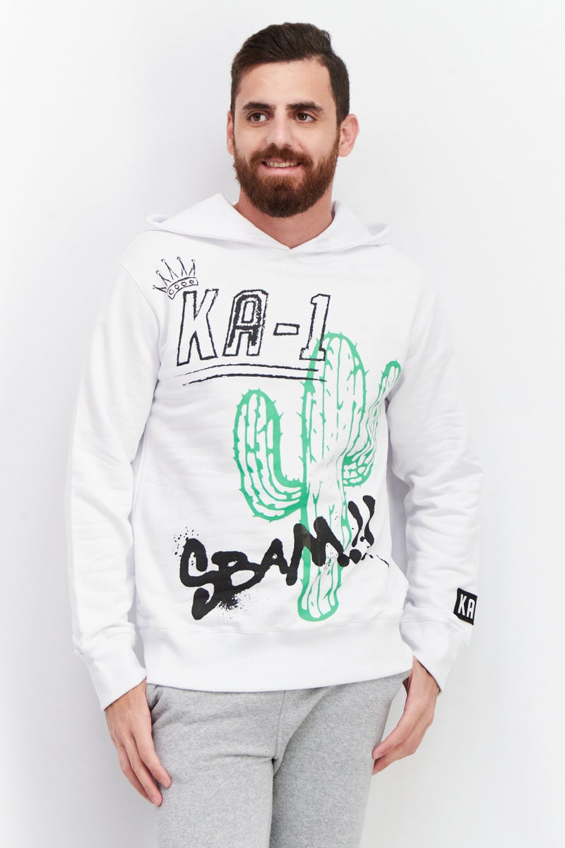 KA-1 Men Hooded Graphic Print Long Sleeves Sweater, White - Image 1