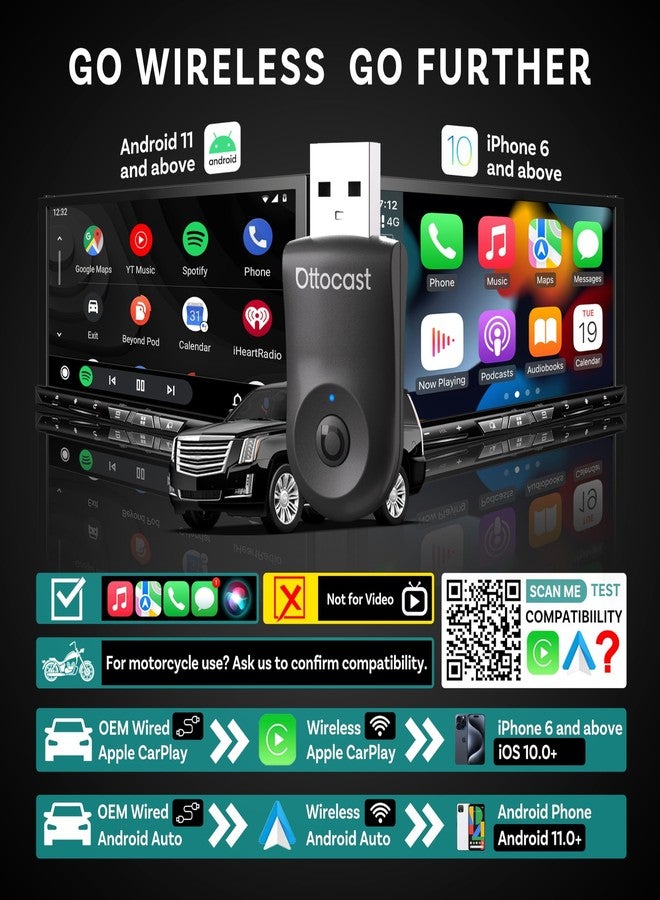 OTTOCAST Mini Dongle Wireless CarPlay Adapter for iPhone & Android Auto Adapter 2-in-1 Convert Wired to Wireless Apple Car Play, Plug & Play, USB-C, Low Latency (2016+ Cars, iOS 10+/Android 11+) - Image 2
