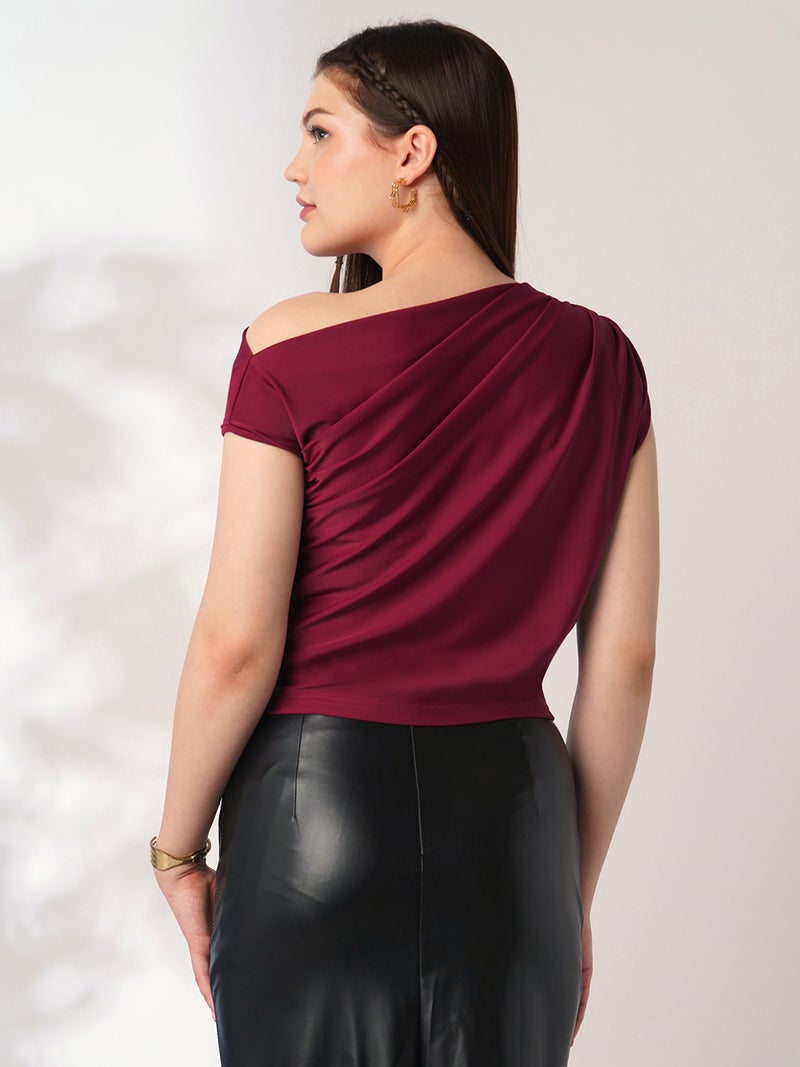 globus Globus Women Maroon One Shoulder Extended Sleeve Party Top  - Image 3