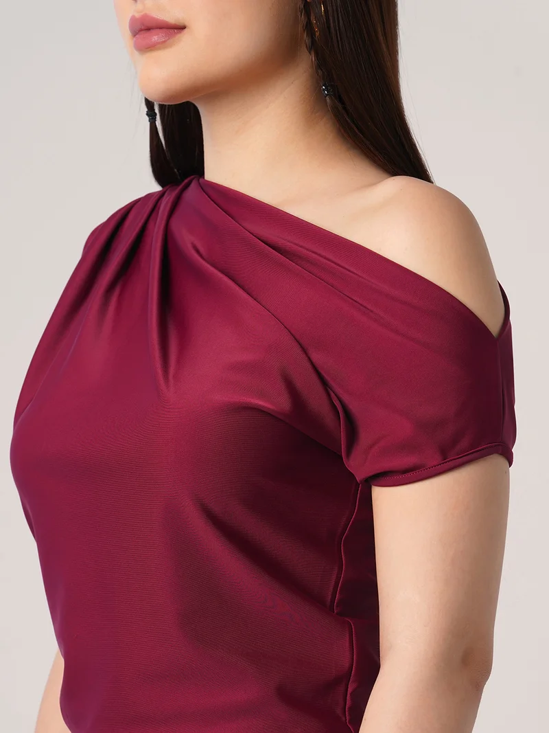 globus Globus Women Maroon One Shoulder Extended Sleeve Party Top