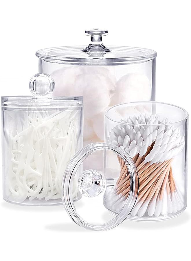 Raxoom 3 Pack Cotton Swab Ball Pad Holder with Lid,Clear Acrylic Bathroom Container,Makeup Organizer for Cotton Swabs,Cotton Rounds,Cotton Ball,Floss Picks,Bath Salts and Hair Ties(10 OZ,20 OZ) - Image 1