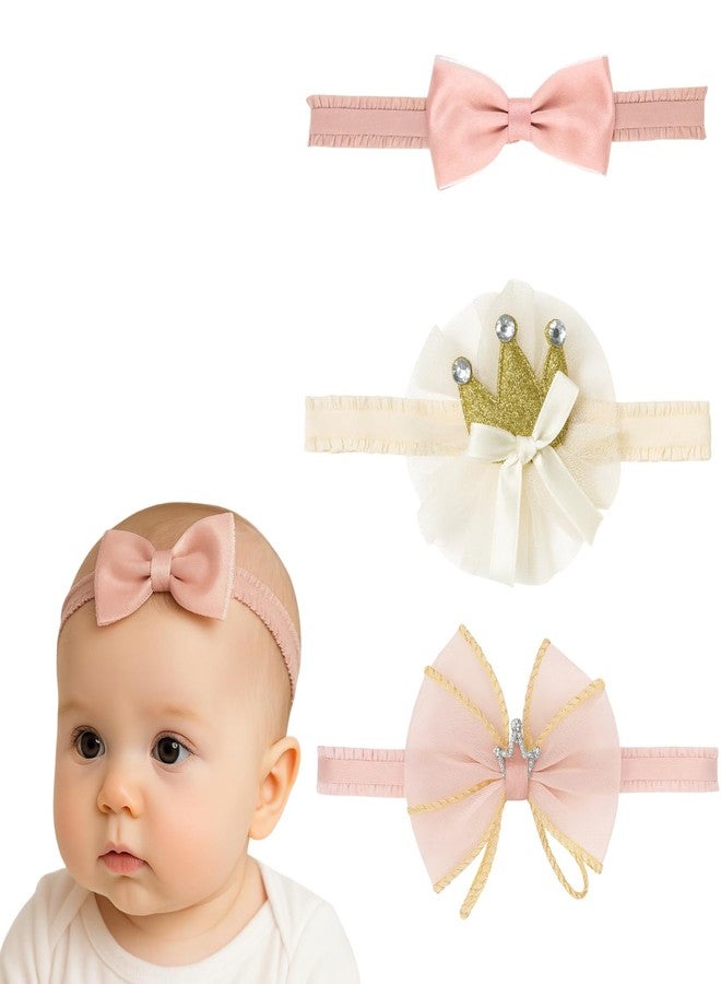 JETANI Baby Girl Hair Bows Set, Princess Crown Headband & Soft Nylon Bow Clips, Pink, Flower Style, for Infants, Toddlers & Kids, 3-Pack (BOW) - Image 5