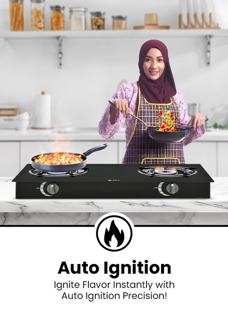 SPJ 2-Burner Gas Stove with 6mm Tempered Glass Top, Auto-Ignition, Iron Beehive Burners, Black - Image 2