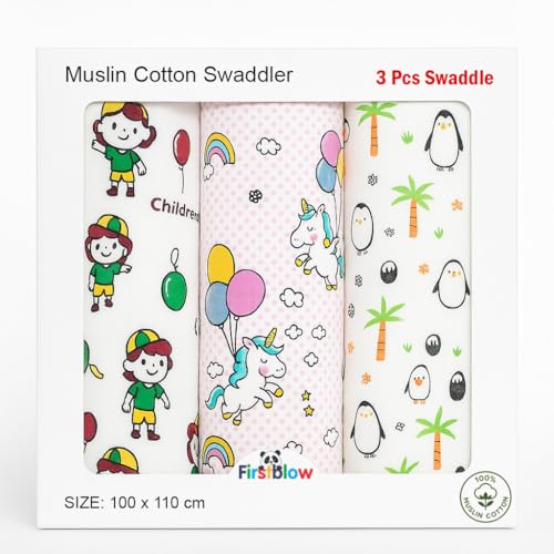 Firstblow 100% Muslin Cotton Swaddle for new Born Baby | Size-110cm x 100cm (42"x39") Ultra Soft Baby Swaddle wrap for new Born | Printed Mulmal Muslin Swaddle Wrap - Image 1