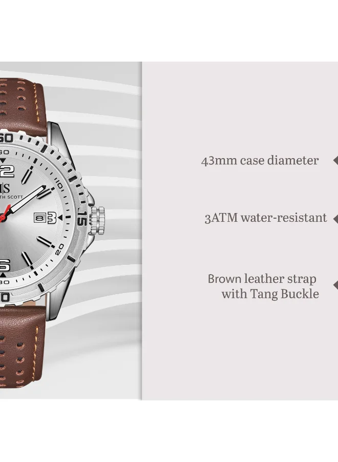 KENNETH SCOTT Men's Leather  Analog Watch K24022-SLDW - 43 mm